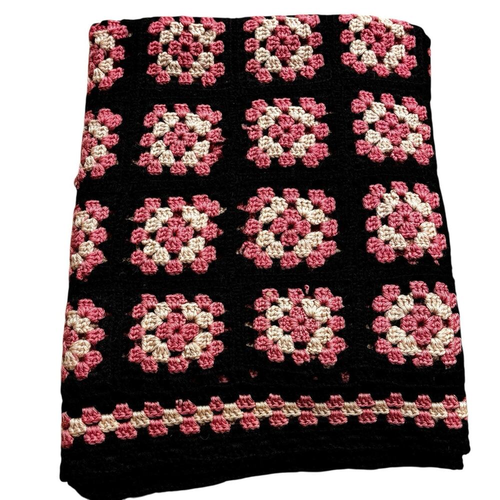 Vintage Handmade Granny Square Throw Pink Black Rose Floral Cottagecore 34x60